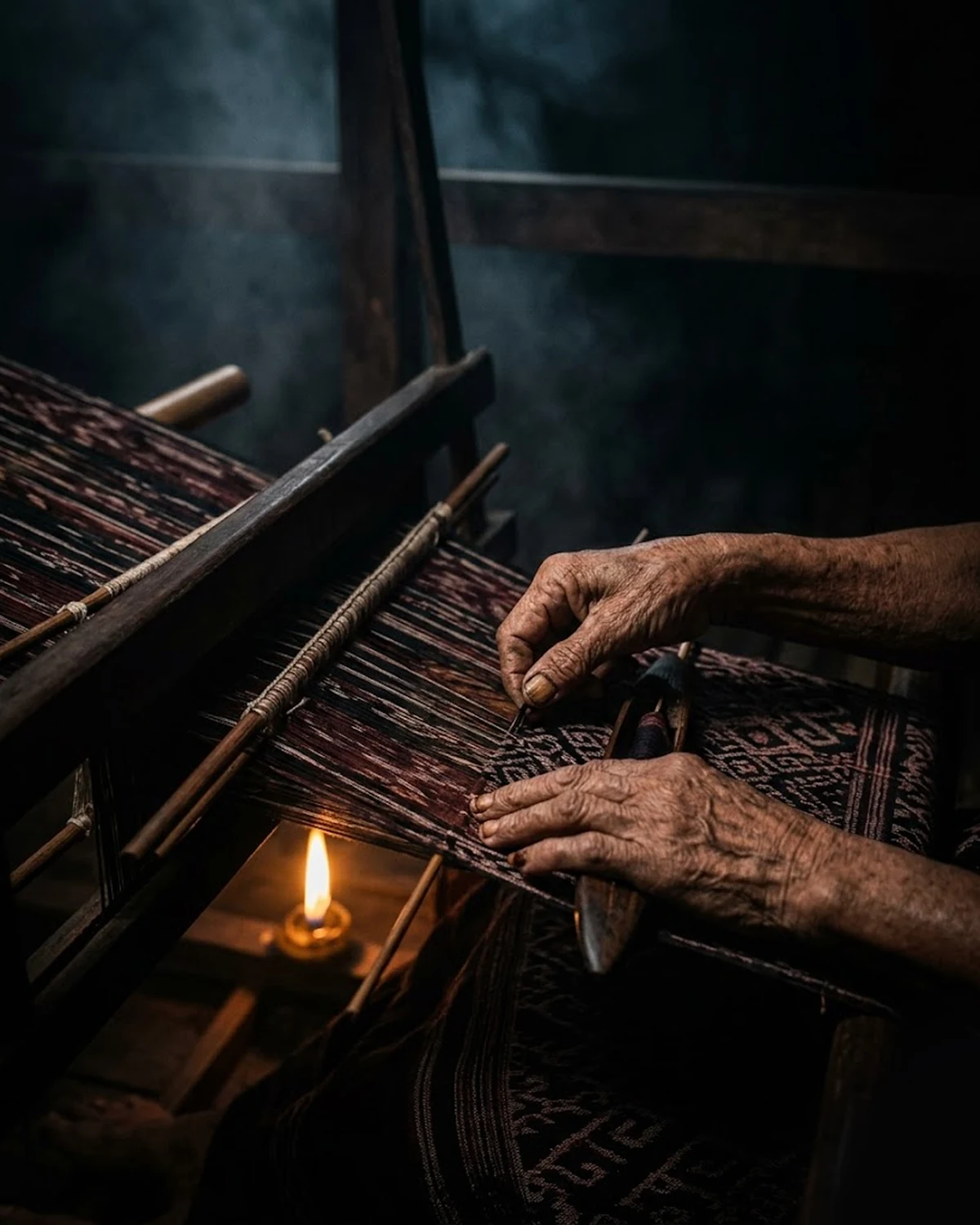 Hands working a length of Iban pua kumbu cloth in warm low light — Sarawak heritage craft